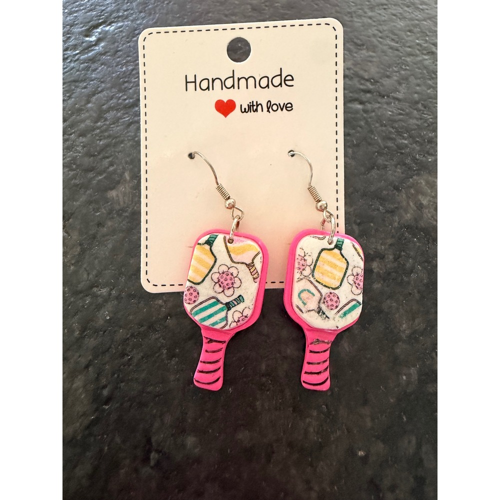 Handmade Pink Pickleball Paddle Drop Earrings Floral Sporty Jewelry‎ NEW